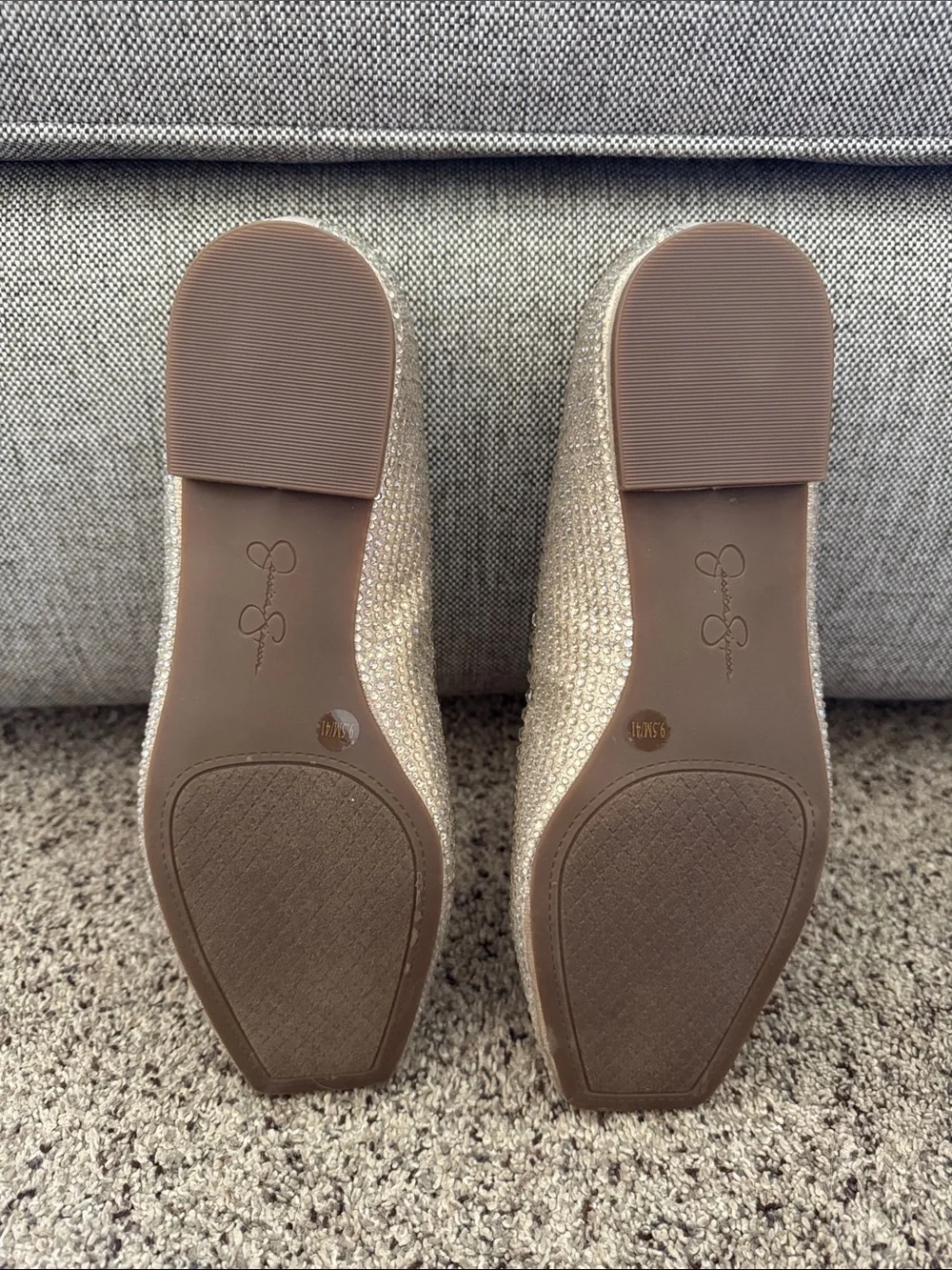 Jessica Simpson Crystal-Embellished Gold Ballet Flats with Cross Straps